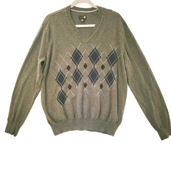 Mens J Ferrar Argyle Sweater Sz L V-Neck Pullover Golf Preppy Gray & Blue Argyle - Picture 1 of 11